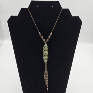 Flea Market Girl Boho Rowed Medallion Tassle Pendant Necklace Bronze Tone Signed